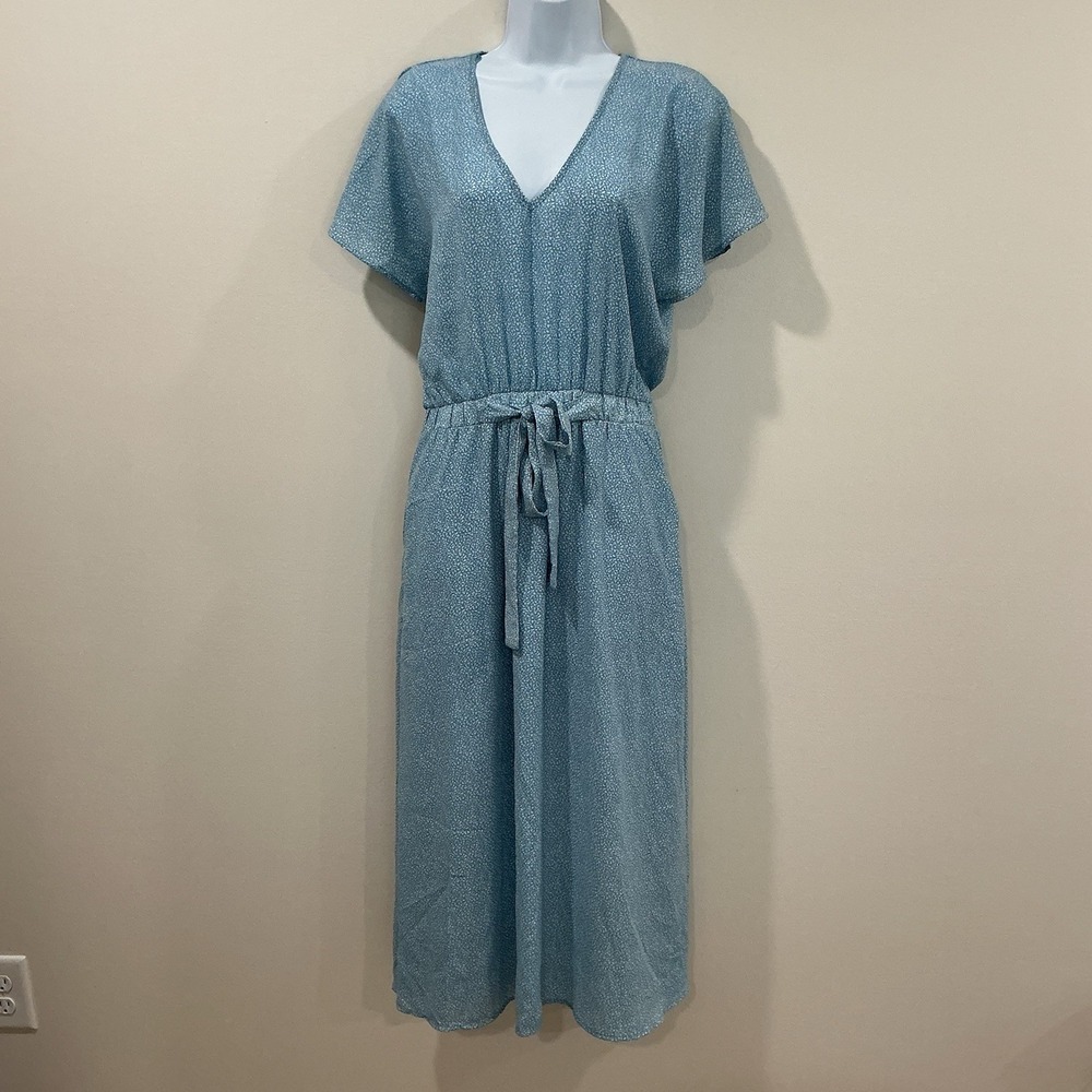 Sienna Sky Blue Polka Dot V-Neck Midi Dress Tie Belt Size Medium Cottagecore
